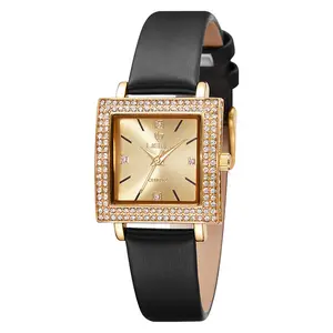 LIEBIG Brand Custom Damenmode Damen Vintage Quarz Damen Luxus Echtes Leder armband Gold Uhr Zifferblatt Mit Diamant gehäuse