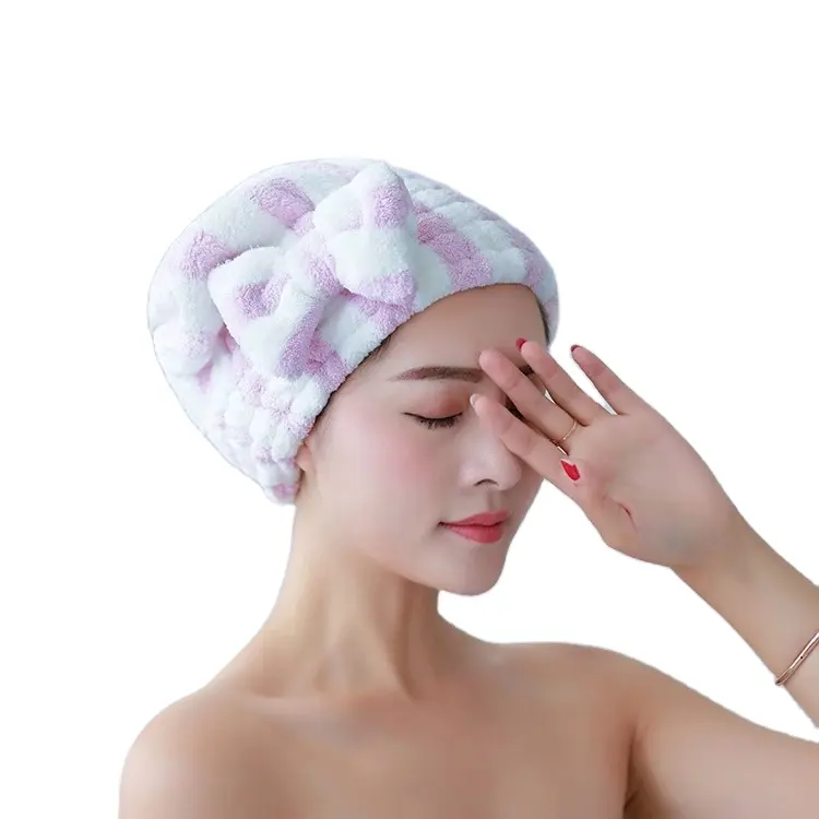 หมวกอาบน้ำสำหรับผู้หญิงลายทาง,อุปกรณ์อาบน้ำซับน้ำได้ดีมากผ้าขนหนูผูกโบว์แห้งเร็วหมวกคลุมผมแห้ง