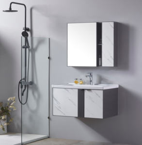 Mueble de tocador de baño de aluminio de espacio grueso con lavabo de cerámica Espejo inteligente LED Cierre suave y fácil de limpiar para uso en <span class=keywords><strong>apartamentos</strong></span> - Product Image 1