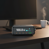 Station de charge de bureau à affichage numérique intelligent, 1 port USB + 4 ports Type-C, charge rapide GaN PD 100W, chargeur universel 5V/3A pour