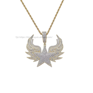 Large Winged Star Pendant, Copper CZ Encrusted Star Necklace, Hip Hop <b>Iced</b> Out Jewelry - Product Image 2