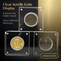 Pièce de monnaie en acrylique transparente personnalisée de 3 mm d'épaisseur avec support métallique pour l'affichage de pièces de monnaie historiques dans les musées et les commerces