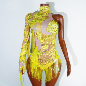 Pantalon en Spandex/Coton à Franges de Strass Jaune Fluorescent Éblouissant pour Spectacles Scéniques, Danse de Salon, Cabaret, Stars Pop et Divas - Product Image 3