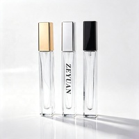 Flacon de parfum en verre vide carré transparent de 10 ml, mini portable, avec pulvérisateur à sertir et capuchon argenté, doré ou noir