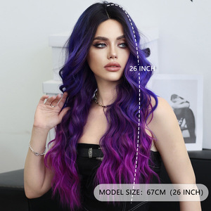 Parrucca riccia a onde medie, piccola, naturale, leggera e traspirante, semi-cucita a mano, in seta sintetica resistente al calore, con sfumatura viola-blu fantasia, per capelli a tutta testa - Product Image 3