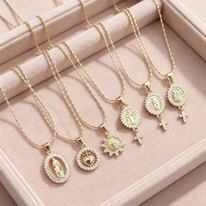 Collar con Cruz de la Virgen María en Oro de 18K con Circonitas Baguette para Mujer, Medalla Sagrada del Corazón de Jesús, Joyería Religiosa Católica al por Mayor - Product Image 3