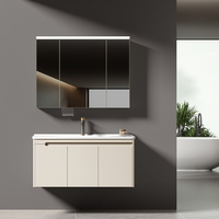 Meuble-lavabo mural en aluminium blanc ivoire avec miroir LED à détecteur de mouvement et vasque en céramique