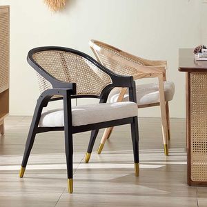 <span class=keywords><strong>Chaise</strong></span> de salle à manger moderne avec cadre en lin et accoudoirs en rotin tressé, dossier incurvé et pieds en noyer, imperméable pour la maison, les hôtels, les villas - Product Image 5