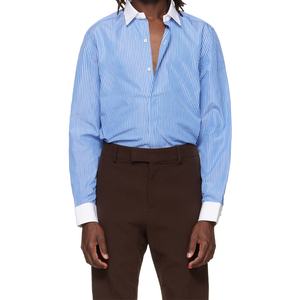 Camisa de Algodón Popelín a Rayas Personalizada de Primera Calidad, Corte Clásico, Cierre de Botones, Camisas a Rayas Blancas y Azules para Hombre - Product Image 1