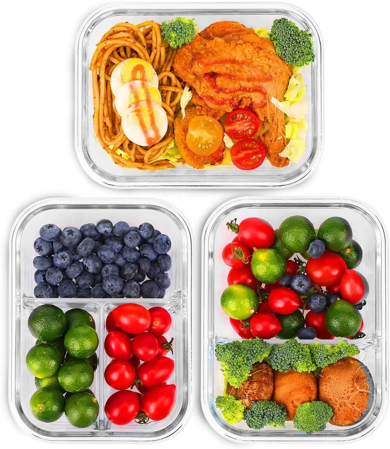 Set wadah penyimpanan kaca persiapan makanan dengan tutup kotak makan siang aman Microwave wadah makanan