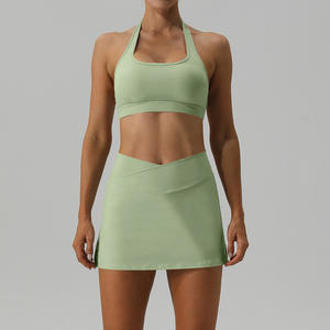 Dress olahraga wanita, gaun tenis perempuan 2 buah, gaun rok Mini pakaian olahraga Crop wanita - Product Image 4