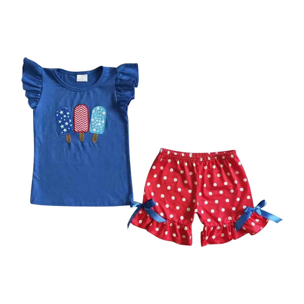GSSO0090 Ice cream embroidery blue small flying sleeve top Red shorts with white spots toddler girls clothing boutique