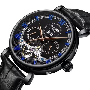 Montre mécanique pour homme KINYUED, boîtier en acier inoxydable, bracelet en cuir, étanche 3BAR, tourbillon, luxe, mode - Product Image 1