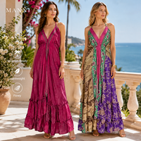 Robe longue élégante personnalisée à col halter, patchwork floral, décolleté plongeant en V, volants étagés, tenue d'été pour resort, vente en gros OEM/ODM