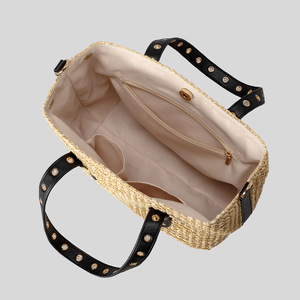 <span class=keywords><strong>Borsa</strong></span> Tote da Donna in Paglia Intrecciata Fatta a Mano, Stile Retrò Francese con Rivetti e Dettagli in Pelle, Grande Capacità, Ideale per Vacanze Estive al Mare, Minimalista - Product Image 4