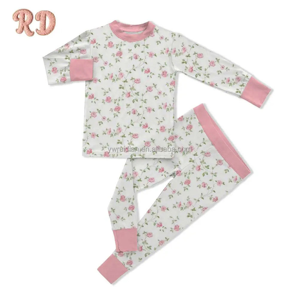 RD Niñas Primavera Verano Pijamas de manga larga Estampado de plantas Pantalones de manga larga Pijamas de patrón personalizado