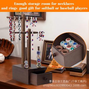 Solid Wood Ring Display Stand With Storage Box <b>Desktop</b> Jewelry Organizer For Baseball Rings And Necklaces - Product Image 4