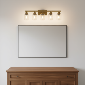 Applique murale moderne dorée à 5 lumières avec abat-jour en verre transparent pour miroir de salle de bain et coiffeuse - Product Image 2