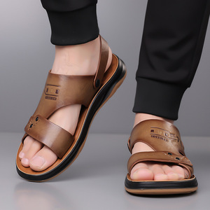 Sandales d'extérieur en cuir véritable pour hommes, chaussures de plage décontractées à bout ouvert, semelle en caoutchouc antidérapante, taille 79 - Product Image 3