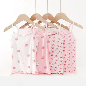 OEM Stretch Cotton Girl's Top Cute wooden ears roll edge Halter underwear Cartoon pink flower print girl's vest