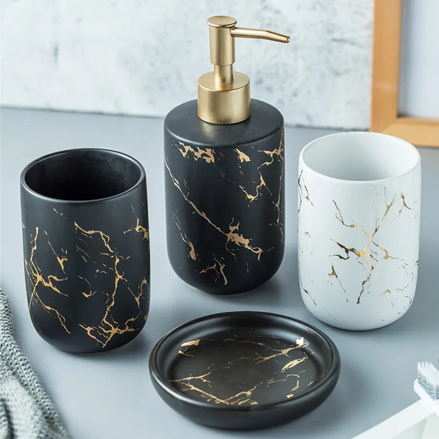 FF306 Northern Europe Luxury Bathroom Set For Home Hotel Marble Pattern Ceramics Bathroom Accessories Set