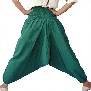 Pantalones Harem de Algodón Verde Oscuro, Estilo Casual Urbano, Elásticos en la Cintura, Hechos a Mano, Transpirables, Talla Grande, Estilo Indio, Corte Regular - Product Image 2