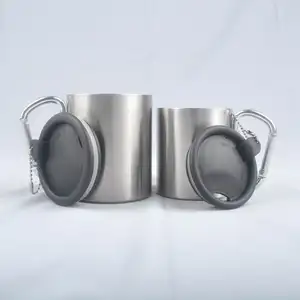 A NEW camping travel portable stainless steel coffee cup double walled carabiner mug with lid