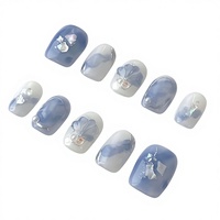 LemiVibe Umi No Kaze – Faux ongles en gel coréens mignons, bleu clair, 100 % faits main, application facile, pré-conçus, en plastique, autocollants pour ongles