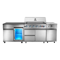 Îlot de cuisine extérieur en forme de L en acier inoxydable, barbecue modulaire, évier, réfrigérateur, brûleur latéral, plan de travail en granit pour jardin