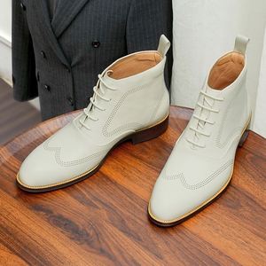 Fall <b>Winter</b> Men's English-style Chukka <b>Boots</b> Waterproof <b>Ankle</b> <b>Boots</b> Leather Engraved Brocade White Cowhide Liner - Product Image 4