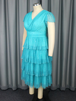 Robe décontractée mi-longue pour femme, grande taille, col en V, manches courtes, bleu lac, taille haute, coupe trapèze, à paillettes scintillantes, style robe à volants, AM050424