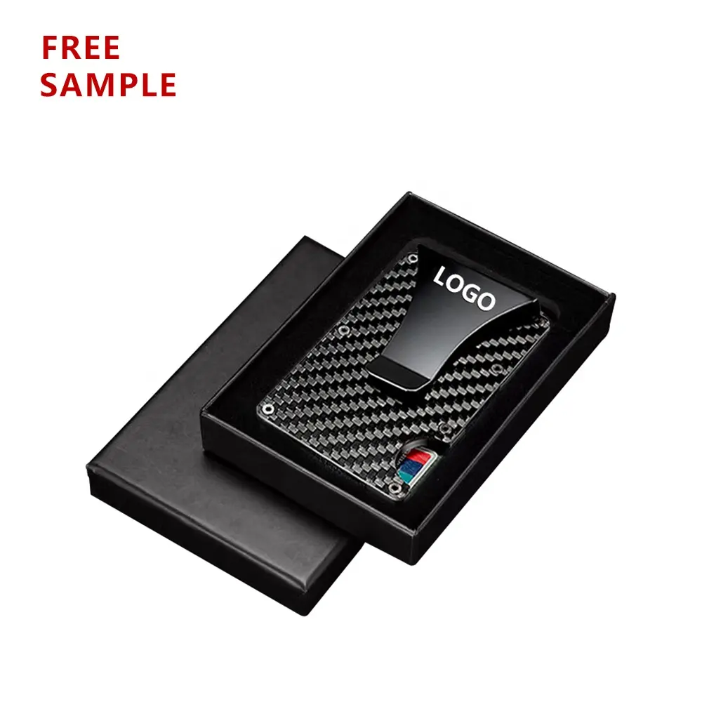 무료 샘플 GiftBox 미니멀리스트 탄소 섬유 지갑 사용자 정의 로고 금속 알루미늄 지갑 RFID 카드 홀더 남성 탄소 섬유 지갑