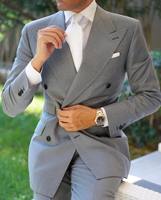 Custom Made Green 2 buah tuksedo pengantin pria, dua kancing puncak kerah pengiring pengantin pria setelan pernikahan Blazer (jaket + celana)