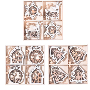 Adornos navideños de madera 3D huecos, cortados con láser, decoraciones colgantes para árbol, estilo rústico, diseño de campana, copo de nieve, ciervo y casa. - Product Image 5