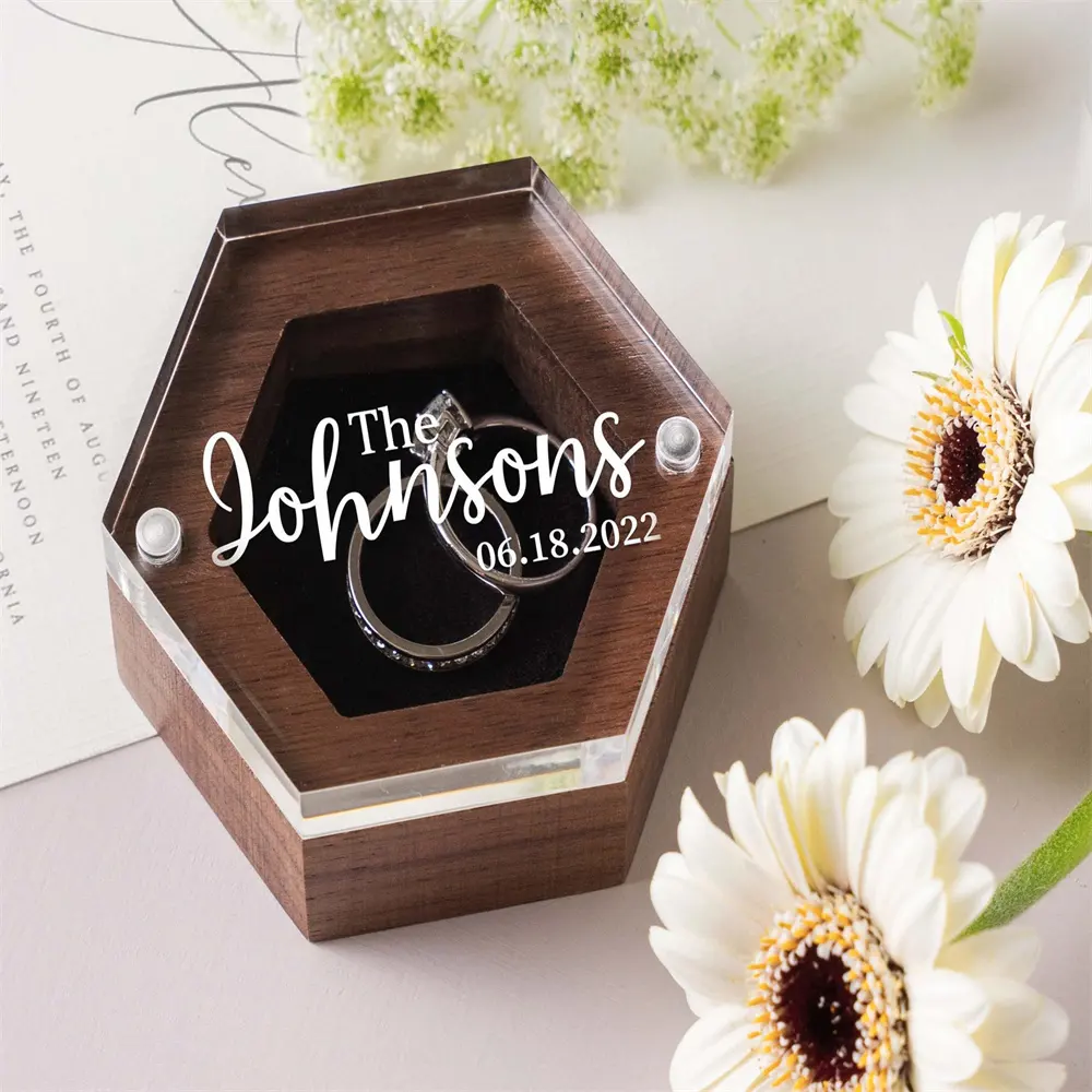 Custom Keepsake Wooden Gifts Magnetic Handmade Wedding Engagement Personalized Hexagon Ring Box With Acrylic Lid