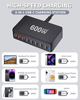Chargeur USB C 600W, station de charge USB C 8 ports PD 140W 100W, station de charge rapide GaN, hub de charge multi-ports pour ordinateur portable