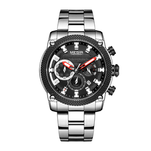 Megir 2134 argento Quart orologi calendario completo in acciaio inossidabile posteriore resistente all'acqua orologio nero <span class=keywords><strong>Friday</strong></span> vendita veloce popolare