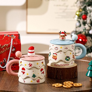 Creative Cartoon Christmas <b>Ceramic</b> <b>Mug</b> Set <b>with</b> <b>Lid</b> High Temperature Resistant Microwave Safe China Household Drinking Cup Gift - Product Image 3