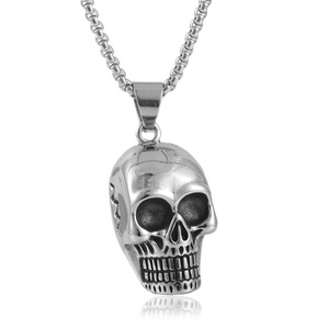 Collar con Colgante de Calavera de Acero Inoxidable, Color Plateado, Cadena de 3.0*60cm, Joyería Punk para Hombre, Diseño Geométrico - Product Image 1