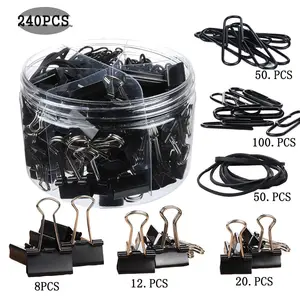 Paper Clips Binder Clips Black Office Clips Set Assorted Sizes Paper Clamps Rubber Bands For Office Document Organizing