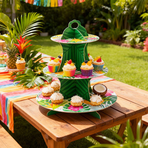 Support à gâteau à trois étages sur le thème de Hawaï pour desserts d'anniversaire et décorations de fête, design rond réutilisable - Product Image 2