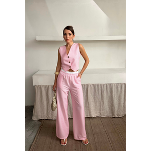 Conjunto de Chaleco y Pantalón a Rayas WAFFLE para Mujer, Color Rosa Sólido, Tops Cortos, Tallas XS, 3XL, 4XL, Corte Holgado - Product Image 1