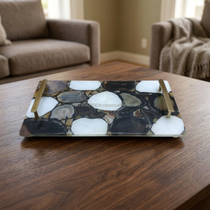 Handmade <b>Black</b> Agate Stone Serving Tray with Gold Metal Handles Rectangular Decorative Kitchen Coffee Table Home Display Decor - Product Image 5