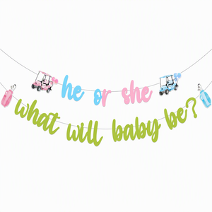 Striscione 'Lui o Lei? Cosa sarà il bambino?' per Golf, Decorazioni per Gender Reveal, Sfondo Fotografico Rosa Blu per Gender Reveal a Tema Golf - Product Image 1