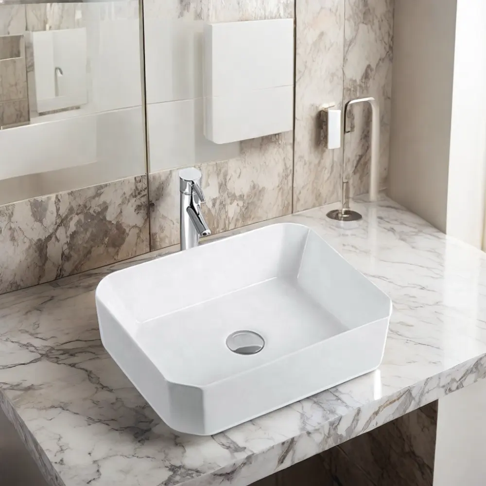 Lavabo rectangulaire en céramique blanche fantaisie à usage domestique pour hôtels, style design moderne, lavabo de salle de bain à monter à la main