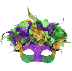 Máscara de Media Cara de PVC de Lujo para Mujer con <span class=keywords><strong>Plumas</strong></span> y Flores, Estilo Veneciano, para Fiesta, Carnaval, Halloween, Verde - Product Image 1