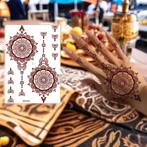 Henna marrom descartável à prova d'água para transferência de água, adesivo de tatuagem de Henna para homens e mulheres, adesivo à prova d'água para o Oriente Médio