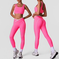 Ensemble de yoga 2 pièces pour femmes, couleur contrastée, spandex/nylon, design taille haute en V, pour l'exercice, tenue de yoga élégante et tendance