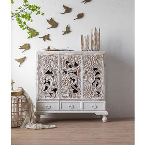 Antika tarzı rustik ülke ahşap el oyma 2 kapı büfe beyaz vitrin dolabı depolama çekmecesi - Product Image 4