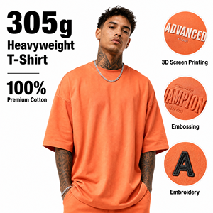 T-shirt de haute qualité 305g, poids lourd, logo personnalisé, streetwear pour hommes, 100% coton, t-shirts vierges en gros, décontractés, multicolores - Product Image 1